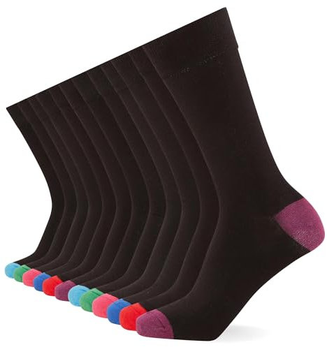 FM London Mens (12-pack) Men’s Smart Breathable Socks, Black/Colour Heel & Toe, 6-11 UK
