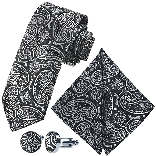 GASSANI Herrenkrawatte Schmal Paisley-Muster, Schwarze Silbergraue Hochzeitskrawatte Gemustert, Einstecktuch Manschettenknöpfe Z. Hochzeits-Anzug