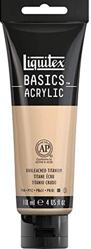 Liquitex 1046434 Basics - Acrylfarbe, monopigmentierte Künstlerpigmente, lichtecht, mittlere Viskosität, Achivqualität, seidenglänzender Finish, 118ml Tube, ungebleichtes titan