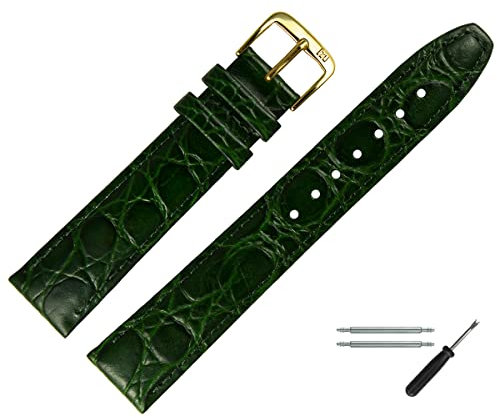 MARBURGER Uhrenarmband 14mm Leder Gruen Gold Kroko (Caiman) Prägung Mit Naht - Montage Set 5291460000220