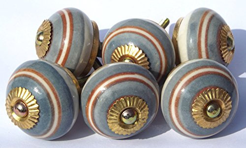 6 X White Round Brown & Grey Rings (Brass Fittings) Ceramic Cupboard Door knobs Drawer pulls