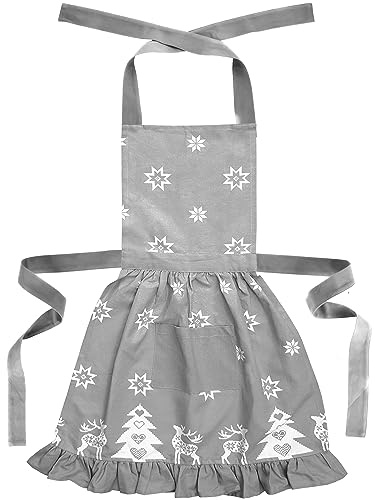 Ragged Rose Christmas Apron - Cotton Apron for Cooking & Dishwashing with Neck Strap, Large Front Pocket, & Long Ties - Kitchen Gifts for Women & Men Apron