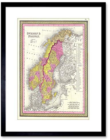 9x7 '' 1850 Mitchell MAP Sweden and Norway Vintage Framed Art Print Karte Schweden Norwegen Jahrgang Kunstdruck