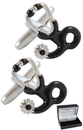 COLLAR AND CUFFS LONDON Gemelos Camisa Hombre Doctor - con Caja - Gemelos para Camisas - Estetoscopio Médico - Latón Médicos y Enfermeras - Color Plata y Negro - Hospital - Un Par