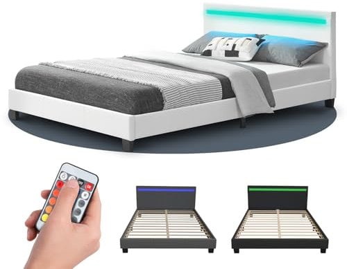 Juskys Polsterbett Paris 140x200 cm mit LED Beleuchtung, Lattenrost & Kopfteil - Kunstleder & Holz - weiß - Bett Jugendbett Bettgestell