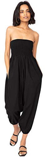likemary Jumpsuit Damen Sommer – 2-in-1 Haremshose & Capri Overall – Baumwolle Einheitsgröße – Boho Pumphose mit Taschen – Aladinhose für Damen - Schwarz