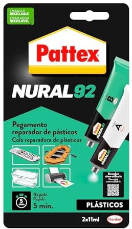 Pattex 14010103 Nural 92 Pegamento reparador de plásticos, cola transparente para reparar y pegar plástico, rápida y resistente a líquidos y a la temperatura, 2 x 11 ml
