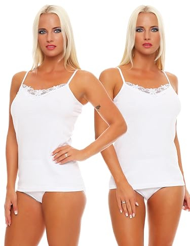 Cocain underwear 2 | 4 | 6 | 10 Damen Unterhemden weiß 100% Baumwolle | dünne Spaghettiträger, mit Spitze, Öko Tex, Rundhalsausschnitt, Basic, ärmellos, Damen Unterhemden, Baumwolle