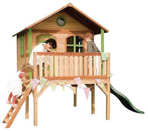 AXI Spielhaus Sophie mit grüner Rutsche | Stelzenhaus in Braun & Grün aus FSC Holz für Kinder | Spielturm mit Wellenrutsche für den Garten