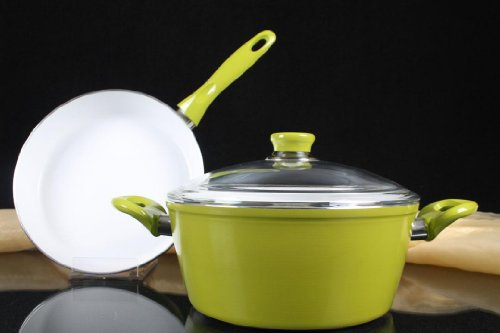 Hochvertiges Keramik koch-&Bratset 3tlg Grün Pfannen Topfset Bratpfanne 26cm