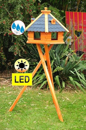 Holz-Vogelhaus XXL Premium, 70-75 cm, wetterfest Massivdach, mit Beleuchtung,Solar-LED mit Ständer-Standfuß + Silo-Futtersilo für Winterfütterung,Gartendeko aus Holz blau mit Ständer blaue BGXL75blM