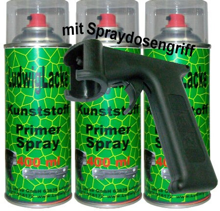 LudwigLacke 3 x 400 ml Kunststoffprimer Spray Haftvermittler für Kunstoffe am Auto + Spraydosenhandgriff