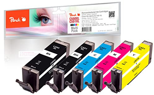 Peach C550/551/555 Spar Pack Druckerpatronen XL (BK, PBK, C, M, Y) ersetzt Canon PGI-550XL, CLI-551XL für z.B. Canon Pixma IP 7250, Canon Pixma MX 925, Canon Pixma IP 7200, Canon Pixma MG 7550, schwarz, foto schwarz, cyan, magenta, gelb