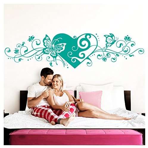 Grandora Wandtattoo Blumenranke Herz selbstklebend I türkis 190 x 48 cm I Schlafzimmer Liebe Love Schmetterlinge Wandtatoo Wandaufkleber Wandsticker W642