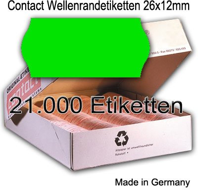 Original Marken Preisetiketten/Contact Wellenrandetiketten 26 x 12 mm grün permanent für Preisauszeichner Contact, Meto, Etimark, Blitz, Tovel, Open
