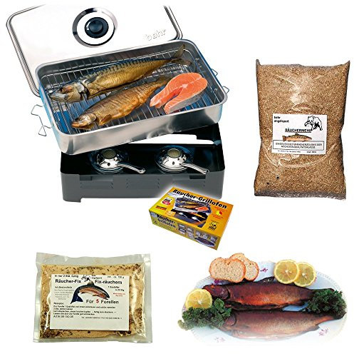 Tischräucherofen Sortiment Räucherofen mit Räuchermehl Räucherlake Räucherzubehör (Räucherofen Set Forelle)