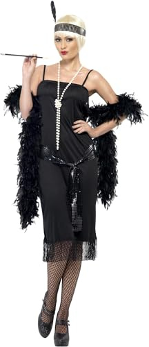 Smiffys Flapper Costume, Black with Dress, Sash Belt and Headpiece, 1920's Razzle Fancy Dress, Adult Dress Up Costumes