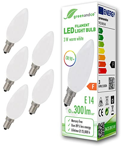 greenandco 5x CRI90+ Glühfaden LED Lampe | matt | ersetzt 28 Watt E14 Kerze | 3W 300 Lumen | 2700K warmweiß | Filament Fadenlampe | 360° 230V AC | nicht dimmbar | flimmerfrei | 2 Jahre Garantie