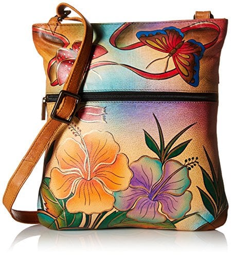 Anuschka Anna by Damen Schultertasche aus echtem Leder – handbemalt, Original-Kunstwerk außen, Antiker Hibiskus