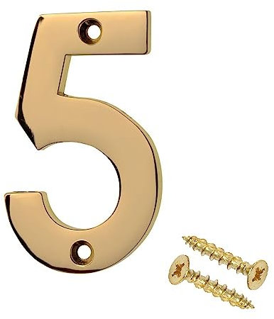 Merriway BH04231 Polished and Lacquered Solid Brass Screw-On House Flat Gate Post Numeral 75 mm (3 Inch) Number 5