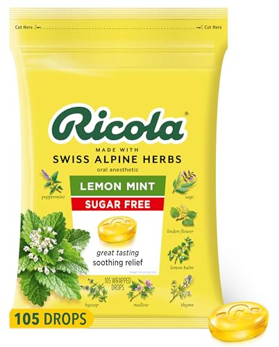 Ricola Sugar Free Lemon Mint Throat Drops, 105 Count Refreshing Relief From Throat Irritations Oral Anesthetic