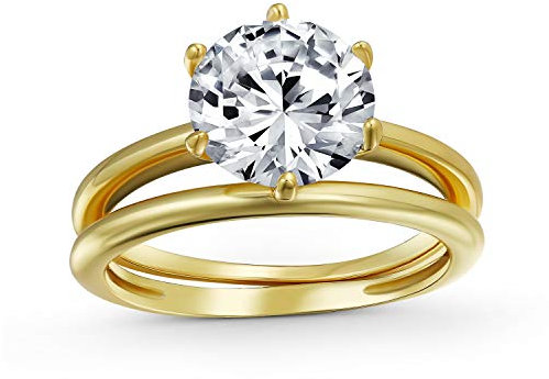 Traditionelle 3 CTW Runde Solitär 6 Zacken AAA CZ Verlobung Jubiläum Ehering Ring Set für Frauen Gelb 14KGold Plattiert.925 Sterling Silber