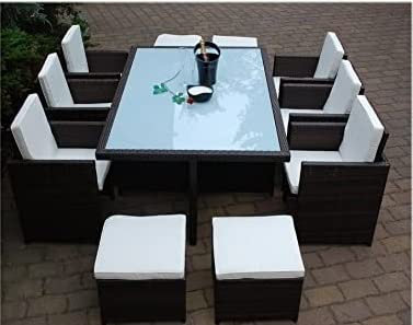 Ragnarök-Möbeldesign PolyRattan Essgruppe DEUTSCHE Marke - EIGNENE Produktion Tisch + 6 Stuhl & 4 Hocker - 8 Jahre GARANTIE - Garten Möbel incl. Glas und Sitzkissen braun Gartenmöbel