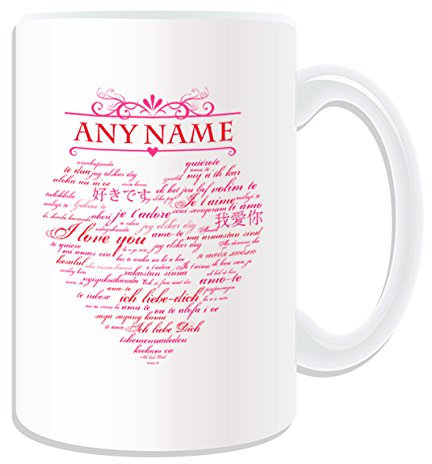 UNIGIFT Personalised Gift - Large I Love You in All Languages Mug (Romance Design Theme, White) - Any Name/Message on Your Unique Mug - Heart Couple