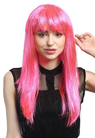 WIG ME UP - XR-003-PC5 Perücke Karneval Fasching Damenlang glatt Pony Rosa Pink + Silberne Glitter Strähnen ca. 55 cm