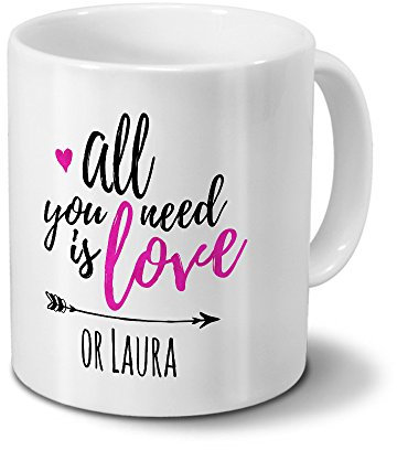 printplanet Tasse mit Namen Laura - Motiv All You Need is Love - Namenstasse, Kaffeebecher, Mug, Becher, Kaffeetasse - Farbe Weiß