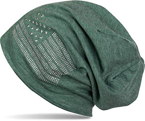 styleBREAKER Beanie Mütze USA Flaggen Design mit Strass-Applikationen, Unisex, Jersey leicht Übergang Frühling Herbst, Farbe:Grün meliert