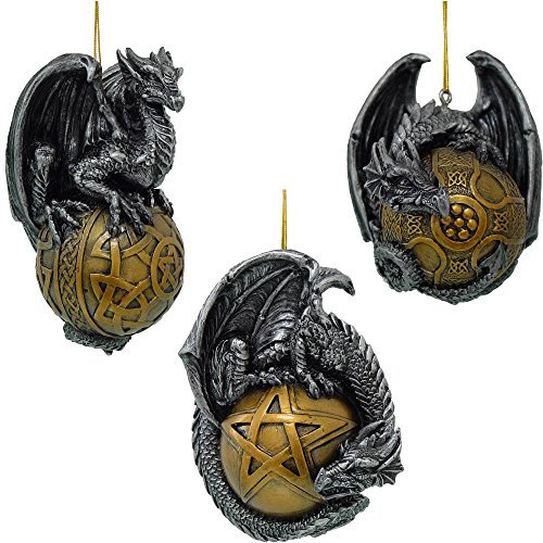 3er-Set Drachen-Christbaumkugeln, Drachen mit keltischen Kugeln