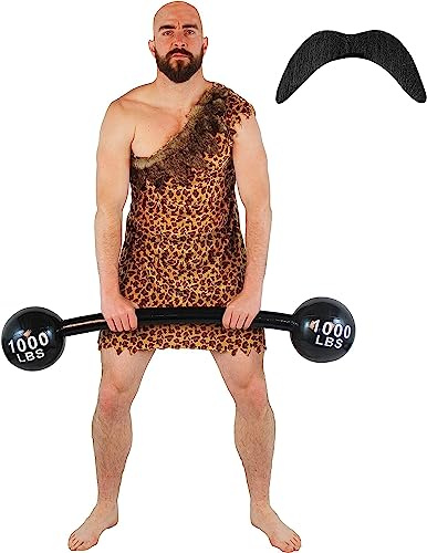 Disfraz de hombre de Strongman de circo para hombre, disfraz de hombre fuerte de los años 20 y 40, con estampado de leopardo, túnica + bigote + mancuerna inflable (tamaño pequeño)