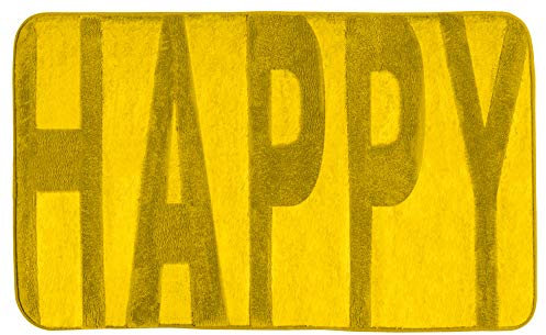 WENKO Badematte Memory, rutschhemmend, Flauschiger Badteppich in Gelb mit Schriftzug Happy für Badezimmer und Gäste-WC, dekorative hochflorige, schwere Oberfläche aus 100% Polyester, 50 x 80 cm