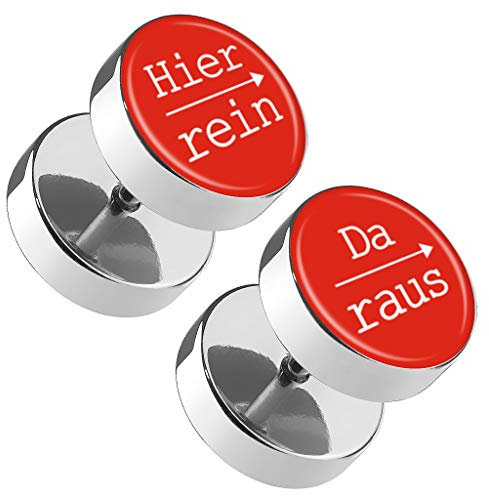 Piercingfaktor Runde Ohrringe Ohrstecker Fake Piercing Ohr Plug Flesh Tunnel Edelstahl Platte Stecker Spruch Hier rein, Da raus 10mm Rot