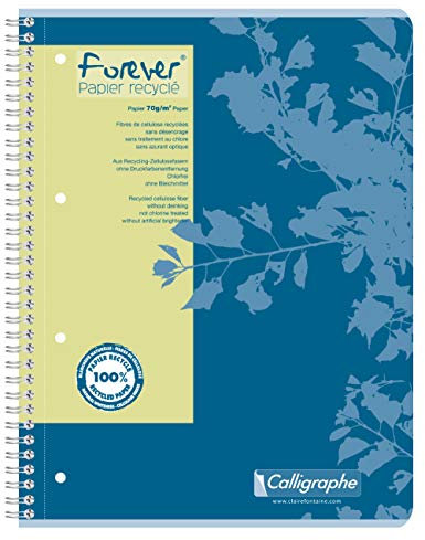 Clairefontaine 17427C - Collegeblock Forever kariert 80 Blatt Recycling-Papier, DIN A4+ 22,5x29,7 cm, kariert mit Rand, 70g, Blau, 1 Stück