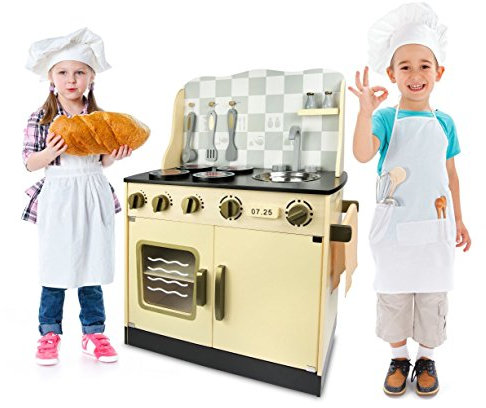 Leomark Vintage Kinderküche aus Holz - Goldfarben - Küchenzubehör, Maße: 30/57/75 (H) cm, Holzküche mit Backofen, Pfanne, Kochtopf, Küchenhelfern und Waschbecken