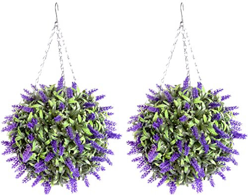 Best Artificial Pair of 28cm Purple Lush Lavender Long Leaf Topiary Grass Flower Balls **UV Fade Protected**