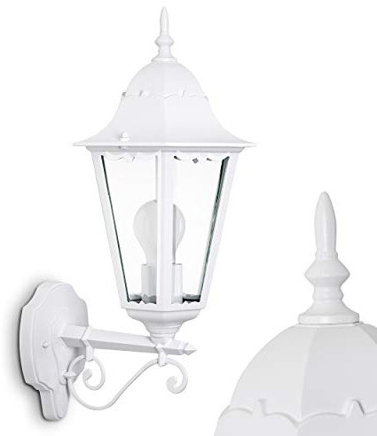 Außenwandleuchte Hongkong, Wandlampe aufwärts in antikem Look, Aluguß, Weiß m. Klarglas-Scheiben, Wandleuchte m. E27-Fassung, Retro/Vintage Außenleuchte für Terrasse, Veranda u. Hof, ohne Leuchtmittel
