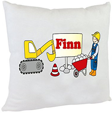 Kissen Bagger, Baustelle, Bauarbeiter Kuschelkissen mit Wunschname, tolle Geschenkidee zur Geburt, Taufe oder Geburtstag