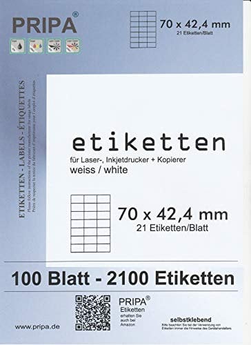 pripa Etikettenformat 70 x 42,4 mm 100 Blatt DIN A4 Selbstklebende Etiketten (100)