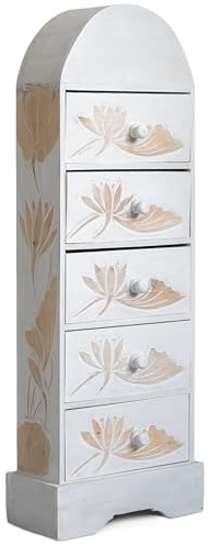 livasia Balinesische Kommode – 33x13x100cm – Vintage Schrank mit Schubladen, gebogen, Wohnzimmer Kommode im Landhausstil aus Albiziaholz, Handgefertigt und Nachhaltig aus Bali (Weiß)