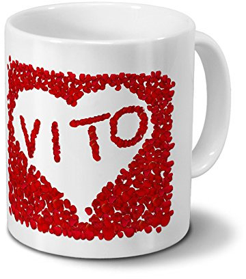 Tasse mit Namen Vito - Motiv Rosenherz - Namenstasse, Kaffeebecher, Mug, Becher, Kaffeetasse - Farbe Weiß