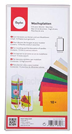 Rayher 3102749 Verzierwachs, Set 10 Verzierwachsplatten, je 20 x 10 cm, Farben sortiert, Wachs zum Kerzen verzieren, Kerzenwachs, Wachsfolie