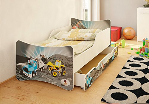 Best For Kids Kinderbett MIT SCHUBLADE UND MIT 10 cm MATRATZE SUPER Auswahl 4 GRÖßEN (70x140, Baufahrzeuge)