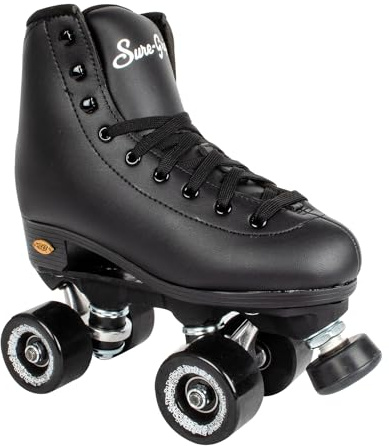 Sure Grip Fame Herren & Damen Premium Rollschuhe aus schwarzem Kunstleder | Stilvolle Skates für drinnen – Doppelstruktur, stärkerer Griff, extra lange Schnürsenkel – geeignet für Anfänger