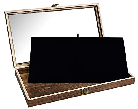 MOOCA Vitrine en bois de bijoux avec le couvercle supérieur de verre trempé, couleur marron