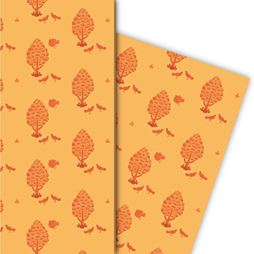Edles Geschenkpapier Set (4 Bogen), Dekorpapier Bäumen und Tauben für Geschenkverpackung & Überraschungen zur Geburt, Ostern, Geburtstag, Hochzeit, Weihnachten 32 x 48cm, orange gelb