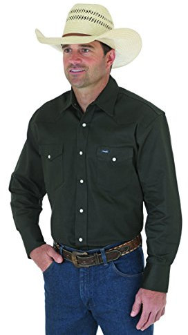 Wrangler Men's Cowboy Cut Western Long Sleeve Snap Work Shirt Washed Finish, Black Forest Green, Large