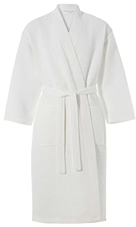HOMESCAPES L Classic Cotton Waffle Kimono Bathrobe with Shawl Collar for Men and Women White, 100% Cotton Kimono Dressing Gown